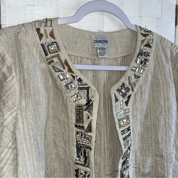 Chico’s Womens Tunic Linen Blend Blazer Jacket Size Medium Jewl Embroidered - Picture 15 of 16